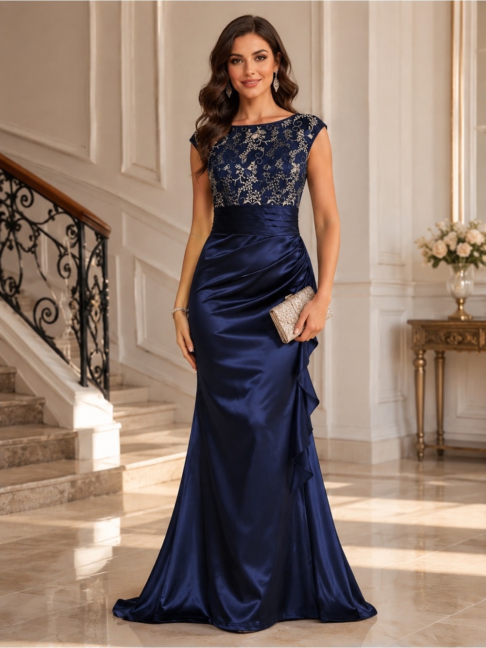 Navy Blue Satin Maxi Dress with Embroidered Bodice